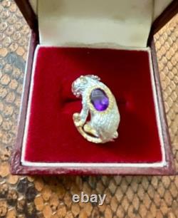 Antique Panther Brooch in Solid Silver with Gold Finish, Amethyst, and Blue Sapphire