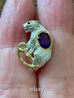Antique Panther Brooch in Solid Silver with Gold Finish, Amethyst, and Blue Sapphire