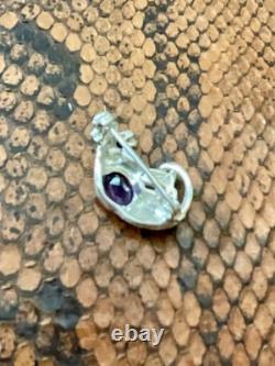 Antique Panther Brooch in Solid Silver with Gold Finish, Amethyst, and Blue Sapphire