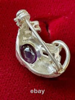 Antique Panther Brooch in Solid Silver with Gold Finish, Amethyst, and Blue Sapphire