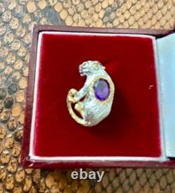 Antique Panther Brooch in Solid Silver with Gold Finish, Amethyst, and Blue Sapphire