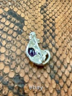 Antique Panther Brooch in Solid Silver with Gold Finish, Amethyst, and Blue Sapphire