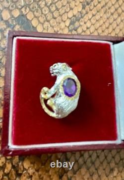 Antique Panther Brooch in Solid Silver with Gold Finish, Amethyst, and Blue Sapphire