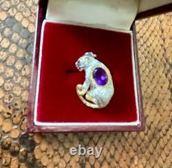 Antique Panther Brooch in Solid Silver with Gold Finish, Amethyst, and Blue Sapphire