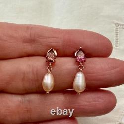 Antique Pink Tourmaline Pearl Solid Silver Vermeil Earrings