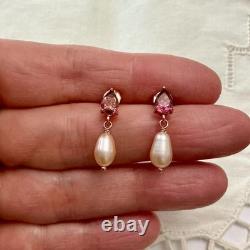 Antique Pink Tourmaline Pearl Solid Silver Vermeil Earrings