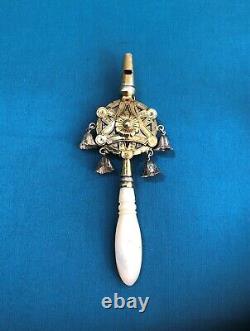 Antique Rattle Sipper In Vermeil & Solid Silver Mother Of Pearl Baby Collection