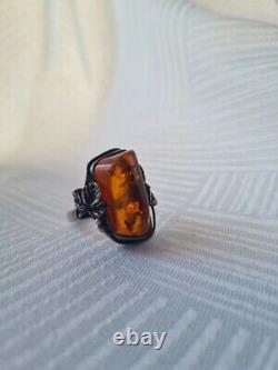 Antique Ring Solid Silver Amber