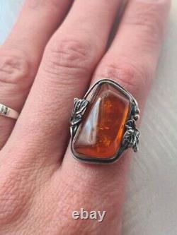 Antique Ring Solid Silver Amber