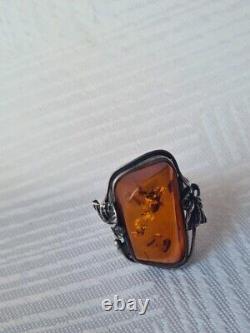 Antique Ring Solid Silver Amber