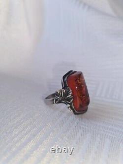 Antique Ring Solid Silver Amber