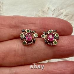 Antique Rose Gold / Sterling Silver Earrings with Rubies and Emeralds