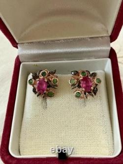 Antique Rose Gold / Sterling Silver Earrings with Rubies and Emeralds
