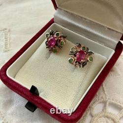Antique Rose Gold / Sterling Silver Earrings with Rubies and Emeralds