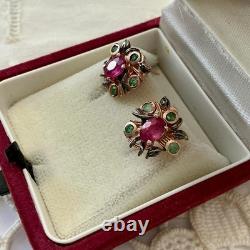 Antique Rose Gold / Sterling Silver Earrings with Rubies and Emeralds