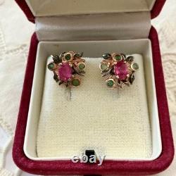 Antique Rose Gold / Sterling Silver Earrings with Rubies and Emeralds