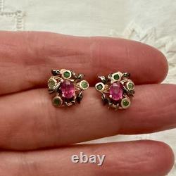 Antique Rose Gold / Sterling Silver Earrings with Rubies and Emeralds