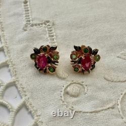 Antique Rose Gold / Sterling Silver Earrings with Rubies and Emeralds