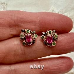 Antique Rose Gold / Sterling Silver Earrings with Rubies and Emeralds