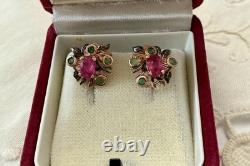 Antique Rose Gold / Sterling Silver Earrings with Rubies and Emeralds