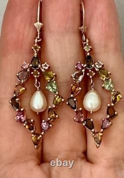 Antique Rose Gold/Sterling Silver Earrings with Tourmalines and Pearl