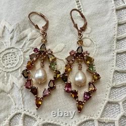 Antique Rose Gold/Sterling Silver Earrings with Tourmalines and Pearl