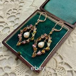 Antique Rose Gold/Sterling Silver Earrings with Tourmalines and Pearl