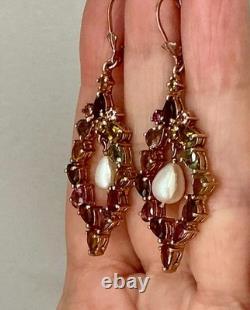 Antique Rose Gold/Sterling Silver Earrings with Tourmalines and Pearl