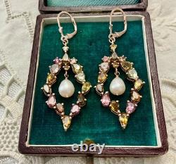 Antique Rose Gold/Sterling Silver Earrings with Tourmalines and Pearl