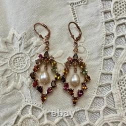 Antique Rose Gold/Sterling Silver Earrings with Tourmalines and Pearl