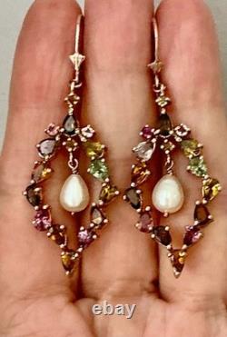 Antique Rose Gold/Sterling Silver Earrings with Tourmalines and Pearl