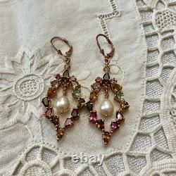 Antique Rose Gold/Sterling Silver Earrings with Tourmalines and Pearl