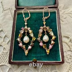 Antique Rose Gold/Sterling Silver Earrings with Tourmalines and Pearl