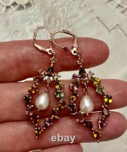 Antique Rose Gold/Sterling Silver Earrings with Tourmalines and Pearl