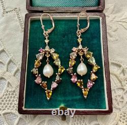 Antique Rose Gold/Sterling Silver Earrings with Tourmalines and Pearl