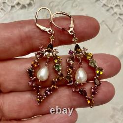 Antique Rose Gold/Sterling Silver Earrings with Tourmalines and Pearl