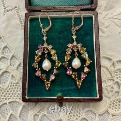 Antique Rose Gold/Sterling Silver Earrings with Tourmalines and Pearl