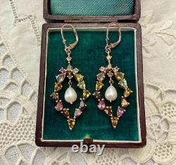 Antique Rose Gold/Sterling Silver Earrings with Tourmalines and Pearl