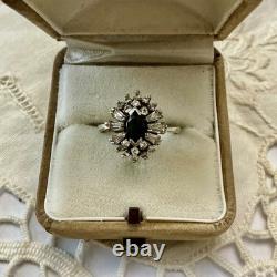 Antique Sapphire Ring, White Topaz Baguettes, Solid Silver Jewelry