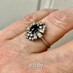 Antique Sapphire Ring, White Topaz Baguettes, Solid Silver Jewelry