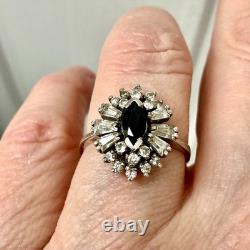 Antique Sapphire Ring, White Topaz Baguettes, Solid Silver Jewelry