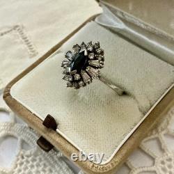 Antique Sapphire Ring, White Topaz Baguettes, Solid Silver Jewelry