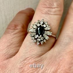 Antique Sapphire Ring, White Topaz Baguettes, Solid Silver Jewelry