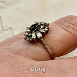 Antique Sapphire Ring, White Topaz Baguettes, Solid Silver Jewelry