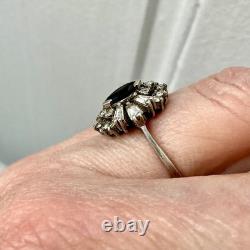 Antique Sapphire Ring, White Topaz Baguettes, Solid Silver Jewelry
