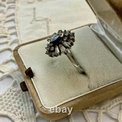 Antique Sapphire Ring, White Topaz Baguettes, Solid Silver Jewelry