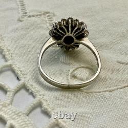 Antique Sapphire Ring, White Topaz Baguettes, Solid Silver Jewelry