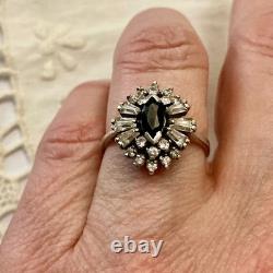 Antique Sapphire Ring, White Topaz Baguettes, Solid Silver Jewelry