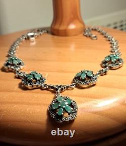 Antique Silver Jewelry Emerald Marcasite Necklace Genuine
