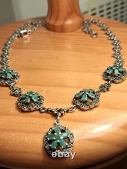 Antique Silver Jewelry Emerald Marcasite Necklace Genuine